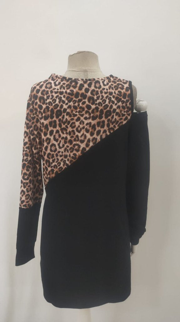 Rochie mini pentru femei, cu mânecă lungă, fără umeri, din viscoză, cu imprimeu leopard și două fire, 30700