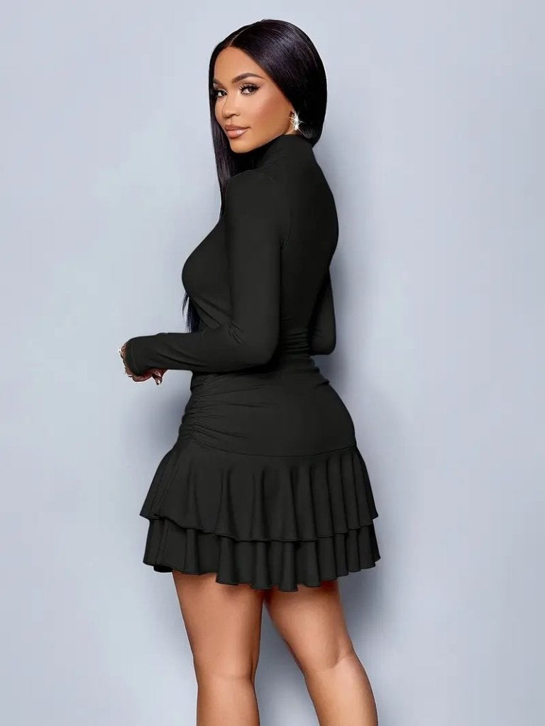 Rochie de damă mini, scuba, cu guler pe gât, mâneci lungi și volănașe, 28484