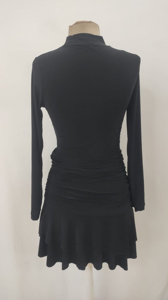 Rochie de damă mini, scuba, cu guler pe gât, mâneci lungi și volănașe, 28484