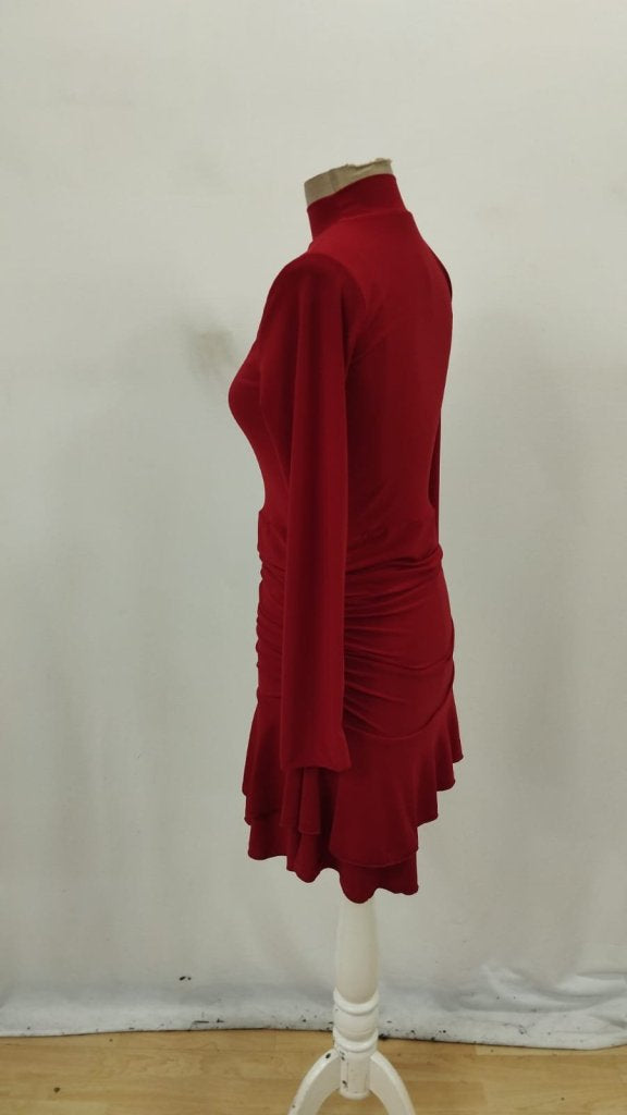 Rochie mini de damă, cu guler înalt, mâneci lungi, volane și scafandru, 28483