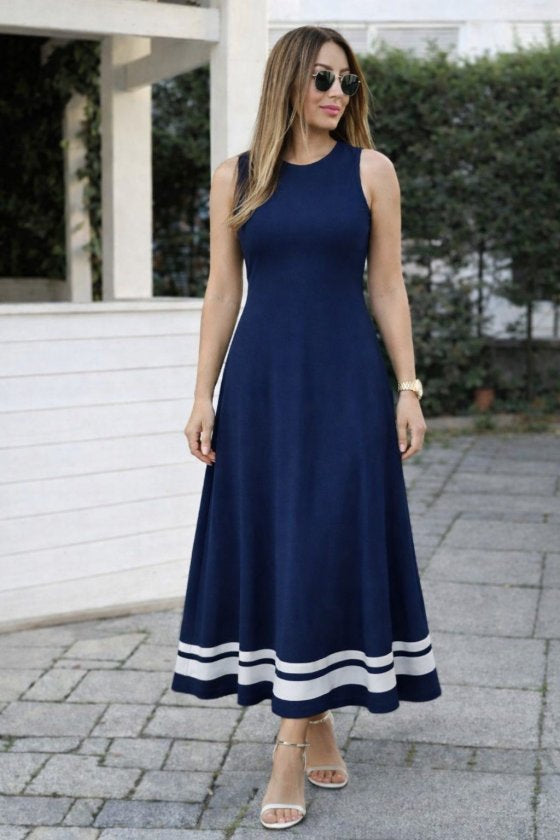Rochie lungă de damă din viscoză, cu bretele, decolteu rotund și tiv cu bandă decorativă, 34716