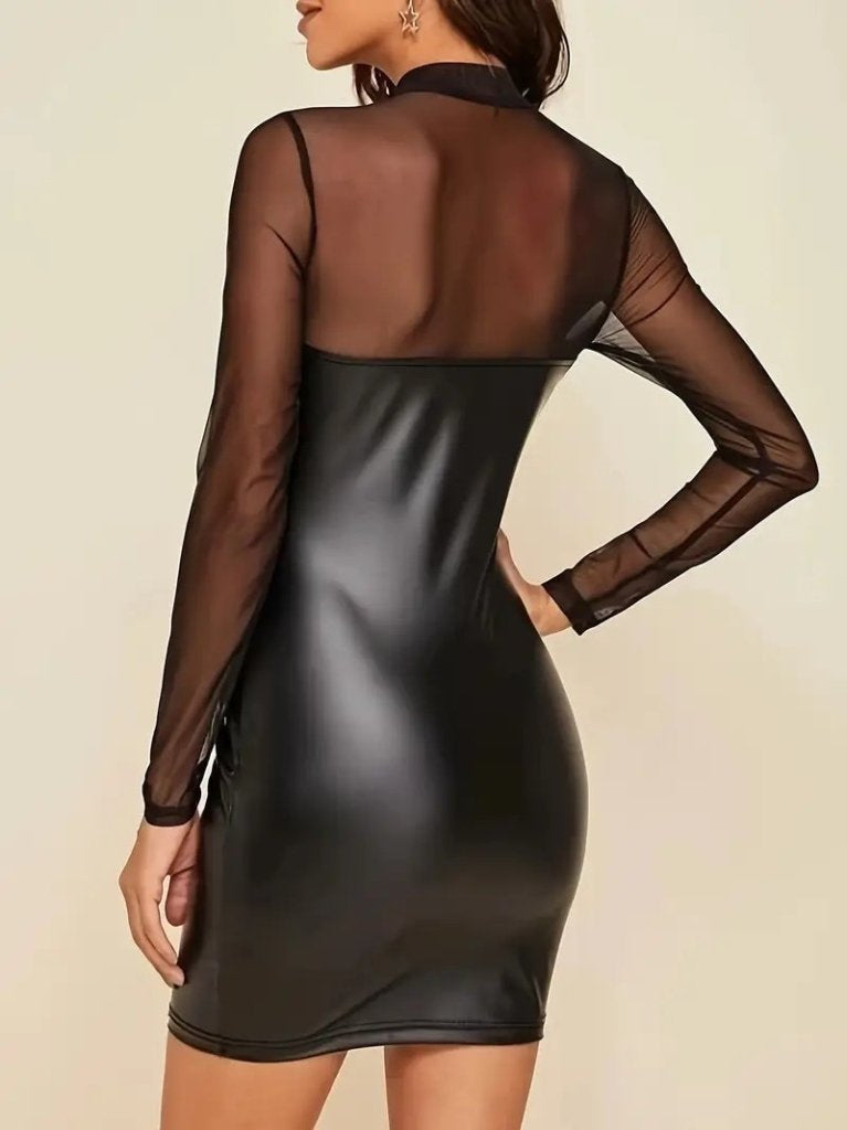 Rochie mini de damă din piele, cu guler înalt, mâneci lungi și detalii din tul, 29907