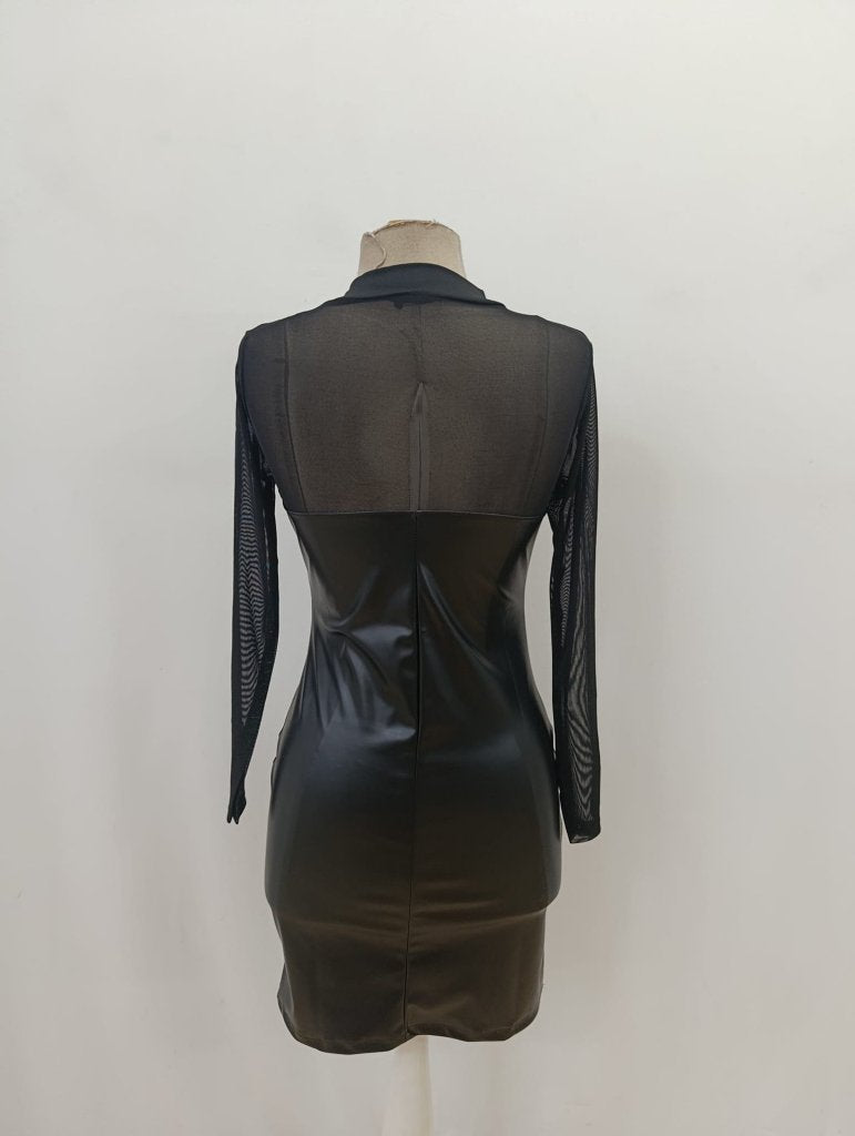 Rochie mini de damă din piele, cu guler înalt, mâneci lungi și detalii din tul, 29907