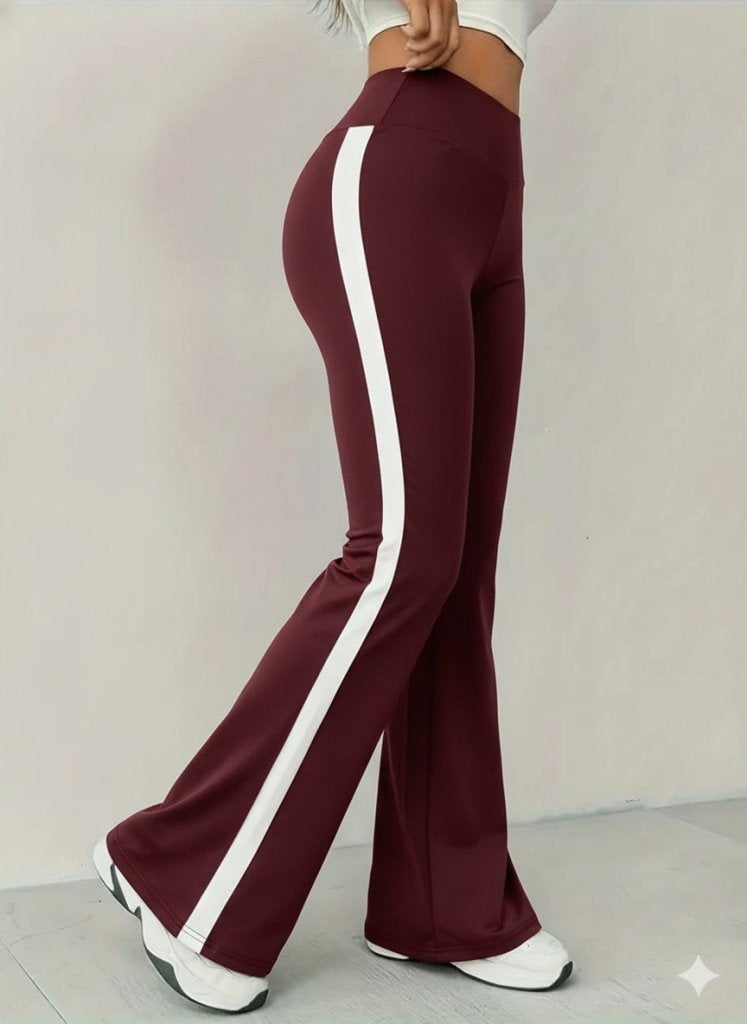 Pantaloni damă tip colanți, din neopren, cu talie înaltă, croială evazată și bandă decorativă laterală, 29805