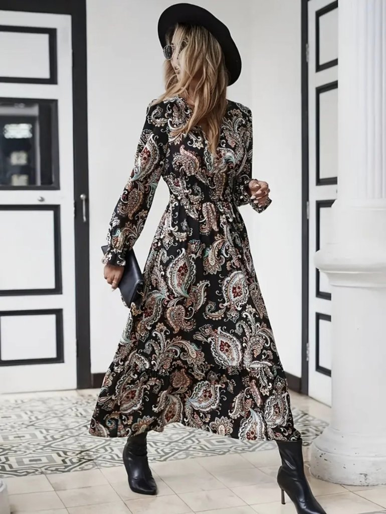 Rochie maxi lungă cu imprimeu, mânecă lungă, decolteu înfășurat, talie elastică, 30682