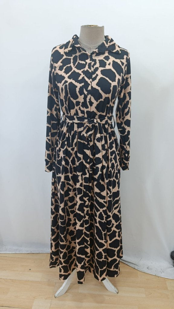 Women's Long Sleeve Collared Button-Front Patterned Belted Long Supreme Dress, 30800