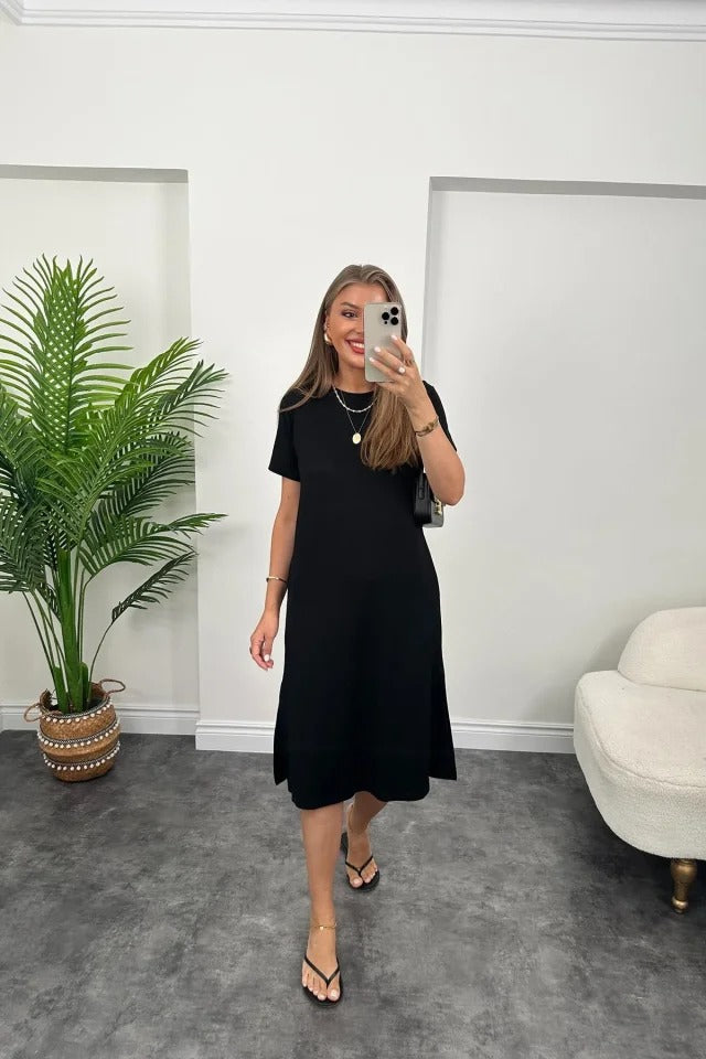 Women's Loose-fitting Viscose Dress with Slit Detail, Short Sleeve, 32713