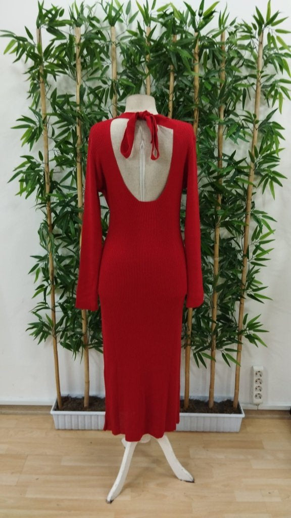 Rochie midi tricotată pentru femei, cu mânecă lungă, guler semi-lung, cu detaliu pentru fereastră la spate și închidere cu șireturi, 28514