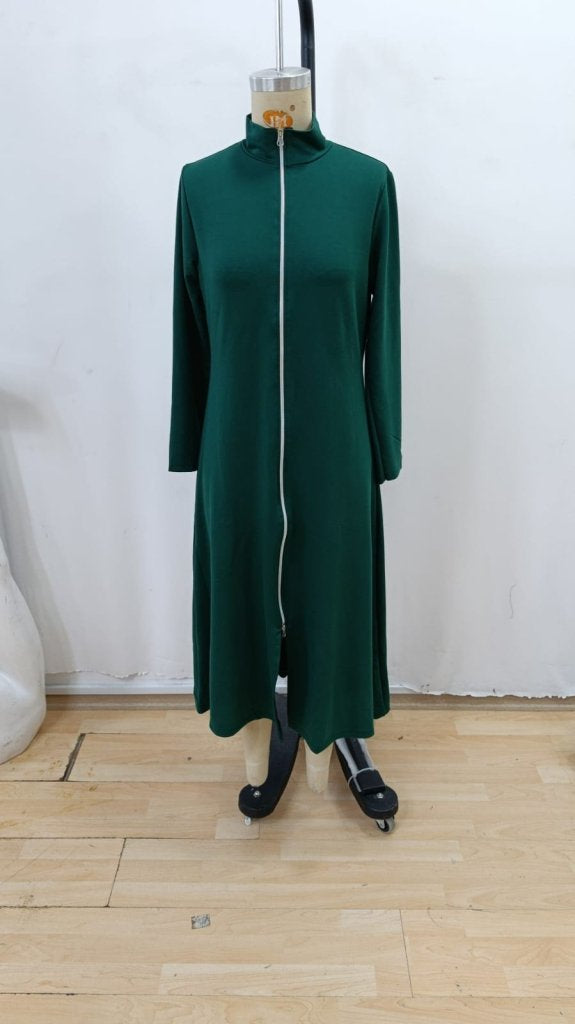 Rochie lungă de damă cu mâneci lungi, cu fermoar frontal, din crep importat, 29064