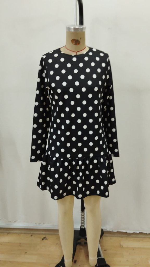 Women's Long Sleeve Crew Neck Ruffled Polka Dot Short Modal Dress, 31539