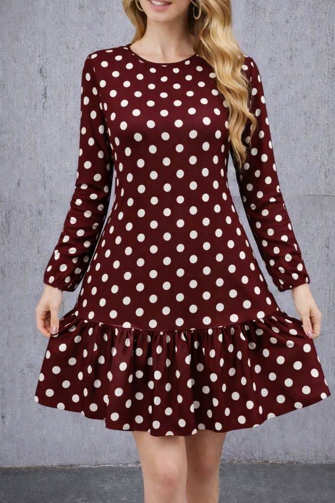 Rochie scurtă din modal cu mânecă lungă, guler rotund, volane, buline, pentru femei, 31540