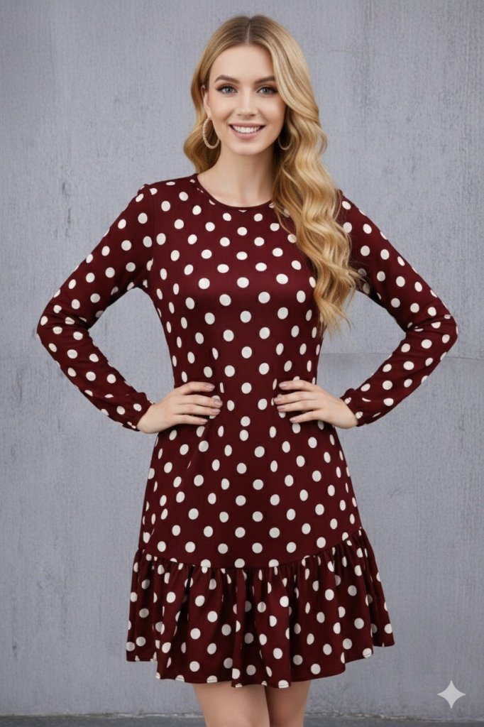 Rochie scurtă din modal cu mânecă lungă, guler rotund, volane, buline, pentru femei, 31540
