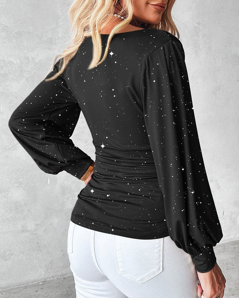 Bluza din bumbac pentru femei cu mâneci lungi, gât Degaje, detalii pietre, 37543