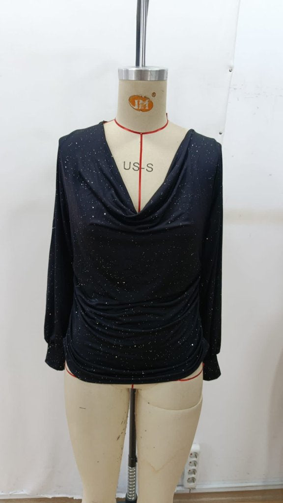 Bluza din bumbac pentru femei cu mâneci lungi, gât Degaje, detalii pietre, 37543