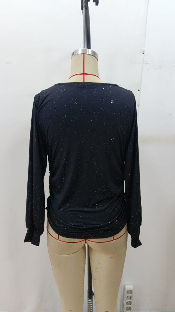 Bluza din bumbac pentru femei cu mâneci lungi, gât Degaje, detalii pietre, 37543
