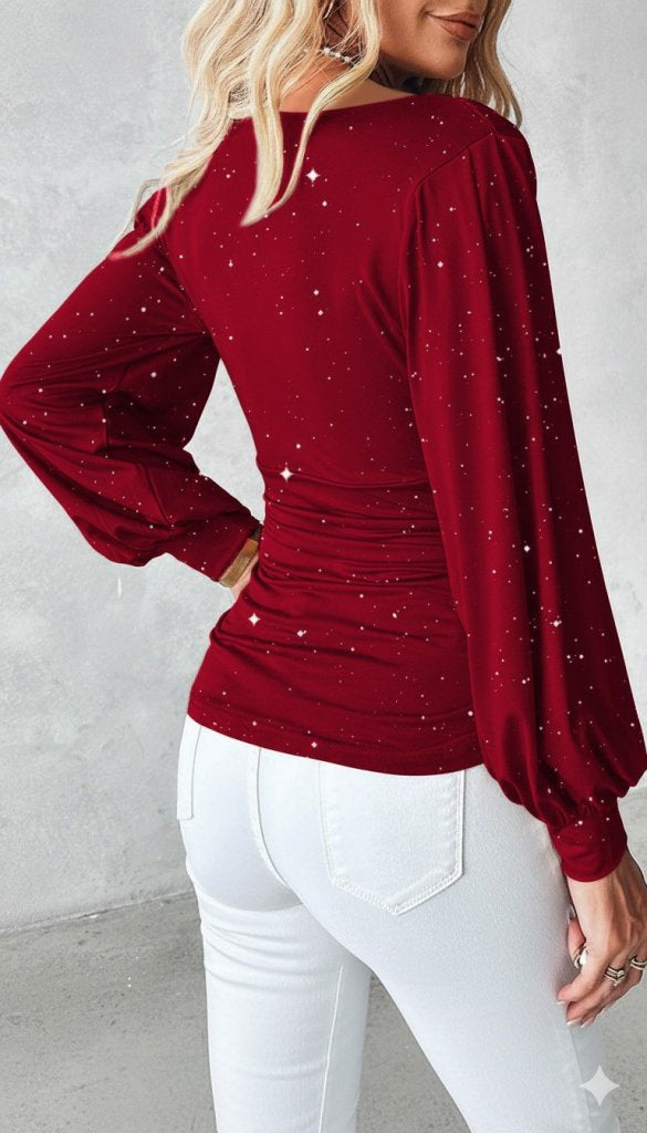 Bluza din bumbac pentru femei cu mâneci lungi, gât Degaje, detalii pietre, 37542