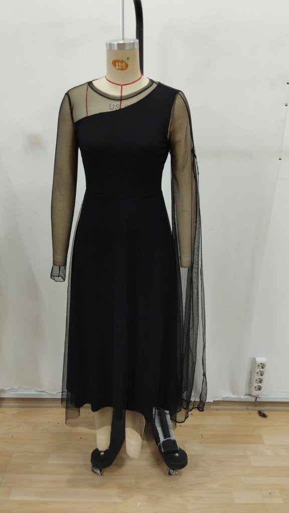 Rochie Sandy lungă din material suprem cu mâneci lungi, guler semi-halter și detaliu din tul, 33664