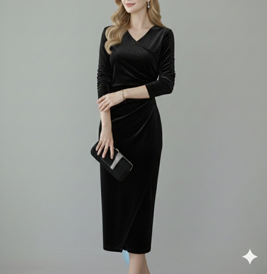 Rochie midi din catifea pentru femei, cu mânecă lungă, decolteu înfășurat, cu încrețituri laterale în față și detaliu încrucișat, 31159