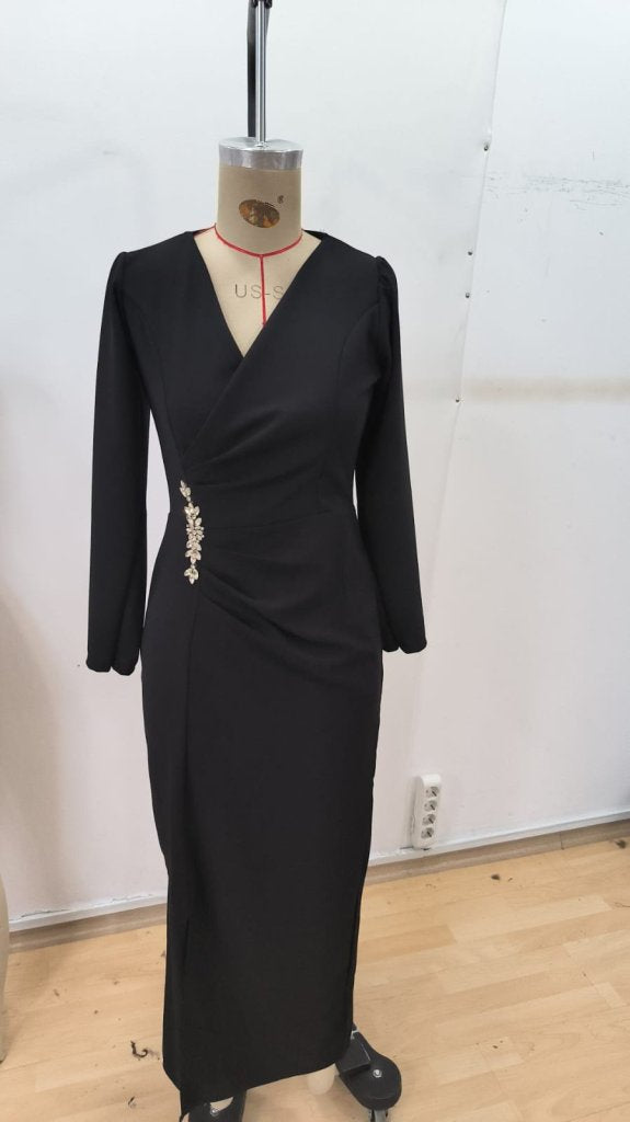 Rochie lungă din crep importat, cu mânecă lungă și decolteu înfășurat, cu împodobire laterală, crăpătură, pentru femei, 30343