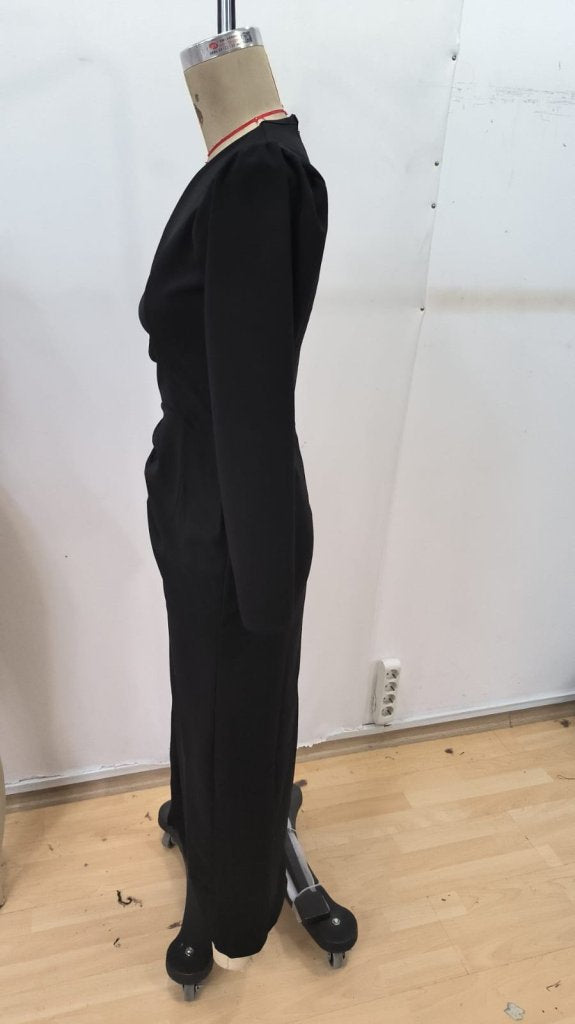 Rochie lungă din crep importat, cu mânecă lungă și decolteu înfășurat, cu împodobire laterală, crăpătură, pentru femei, 30343