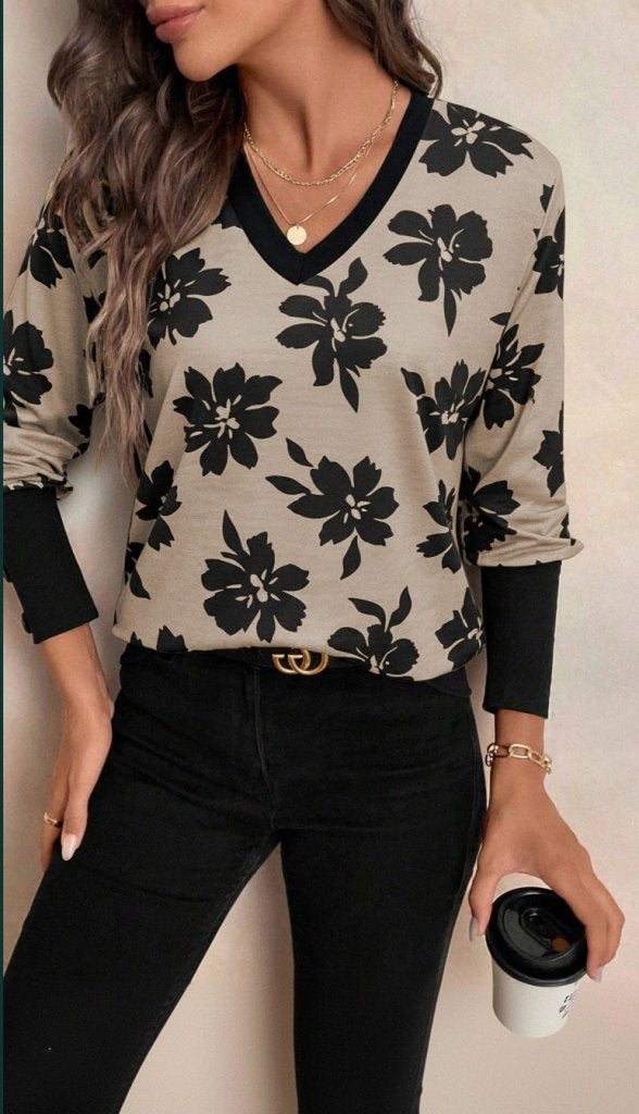 Bluza din bumbac premium pentru femei cu mâneci lungi, gât V, model, 37545