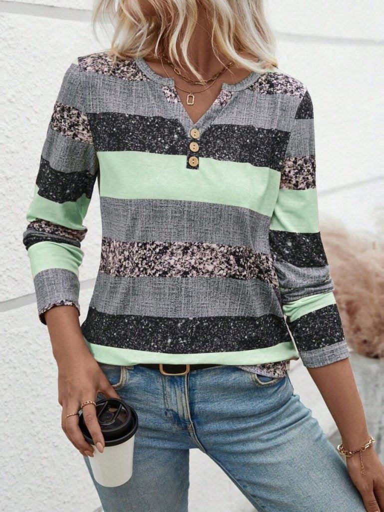 Women's Long Sleeve Button-Up Striped Patterned Supreme Blouse, 30797