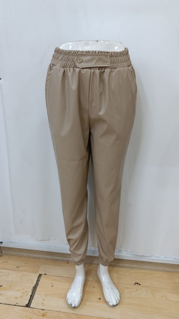 Pantaloni din piele pentru femei, cu talie înaltă, elastic și nasturi în față, 34425