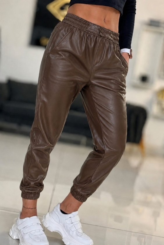Pantaloni din piele pentru femei, cu talie înaltă, elastic și nasturi în față, 34423