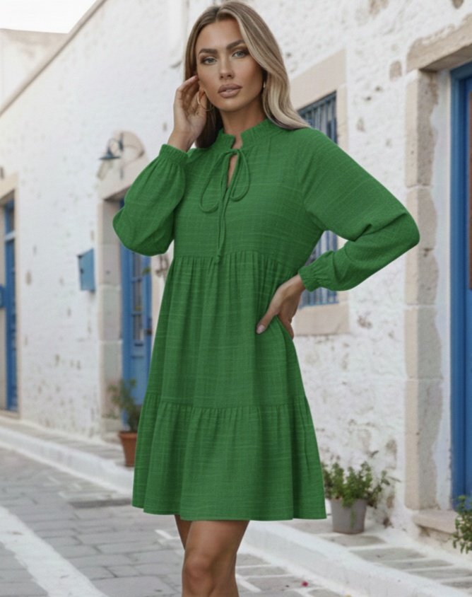 Kadın Uzun Kollu Yakadan Bağcıklı Fırfırlı Keten Mini Elbise, 30285