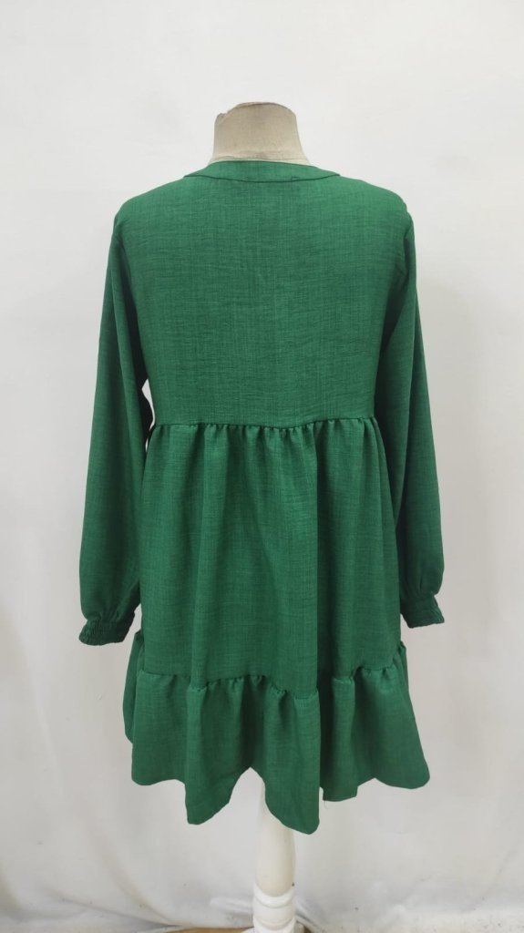 Rochie mini de in cu maneca lunga, cu volane si snur la gat pentru femei, 30285