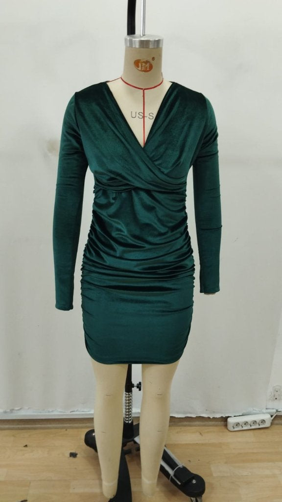 Rochie Mini de Catifea cu Guler Încrucișat și Mânecă Lungă pentru Femei, 37783