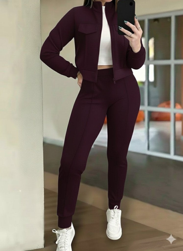 Kadın Uzun Kollu önden Fermuarlı Kısa Modal Mor Ceket Ve Pantolon Ikili Takım Bordo