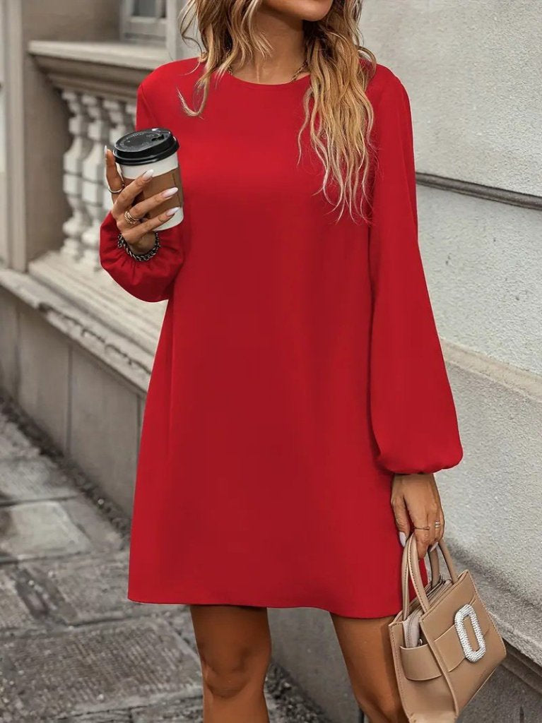 Rochie mini din crep importat, cu mânecă lungă și decolteu rotund, pentru femei, 30376