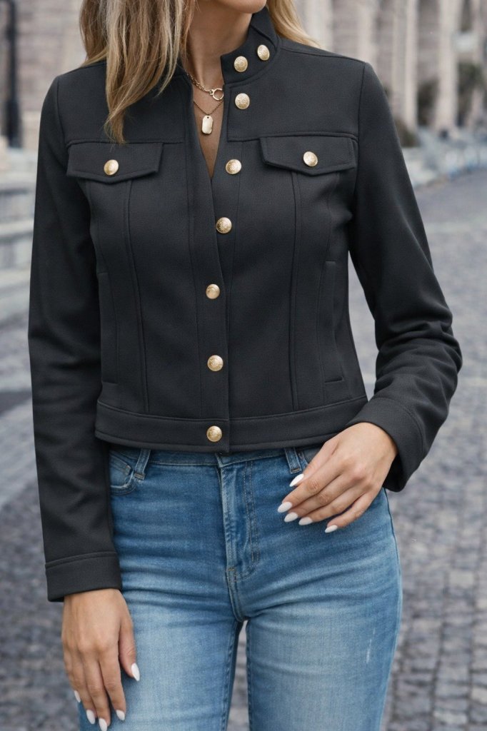 Jachetă scurtă din piele întoarsă cu mânecă lungă, închidere cu nasturi și parte în față, 31748
