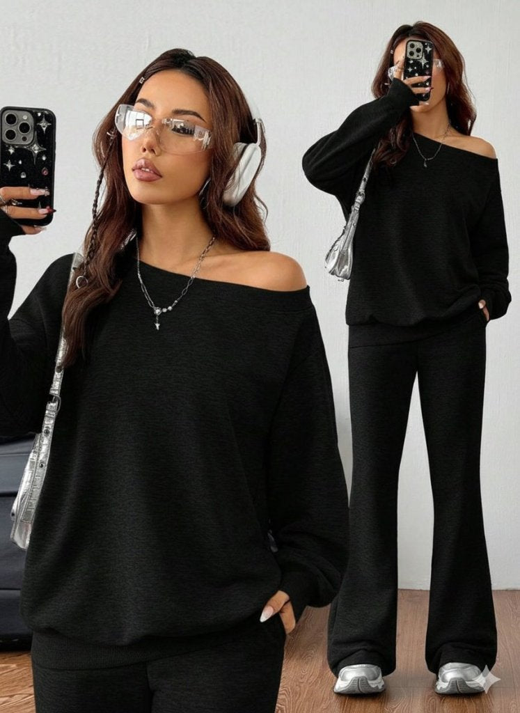 Set de două piese pentru femei, cu mânecă lungă, un umăr, bluză și pantaloni, cu două fire, 29991