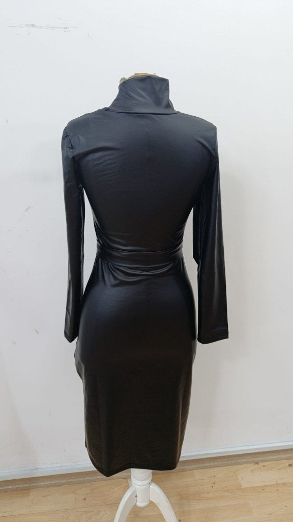 Rochie midi din piele pentru femei, cu mânecă lungă, guler înalt și curea, 31663