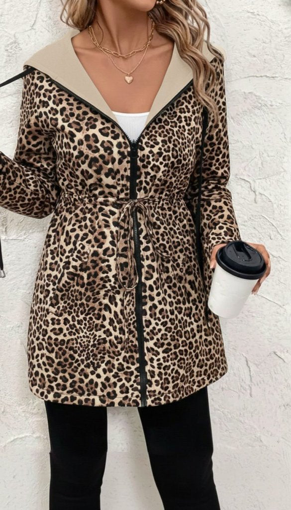 Jachetă din vâscoză cu două fire pentru femei, cu mâneci lungi, glugă, buzunare pe ambele părți, șnur, fermoar și imprimeu leopard, 30208