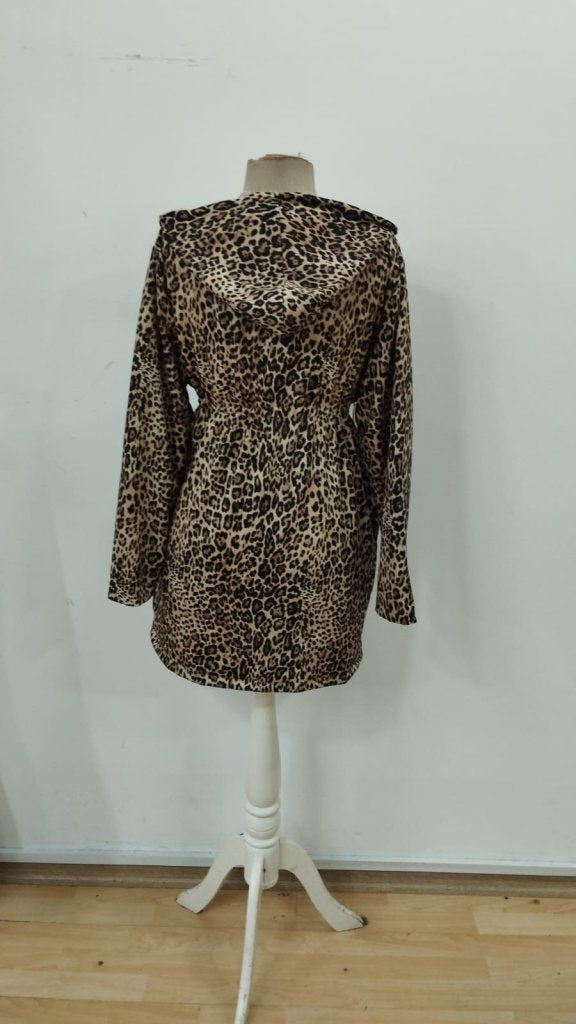 Jachetă din vâscoză cu două fire pentru femei, cu mâneci lungi, glugă, buzunare pe ambele părți, șnur, fermoar și imprimeu leopard, 30208