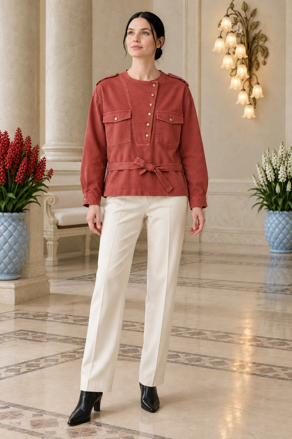 Yakası Çıtçıtlı Kuşaklı Gömlek 6379