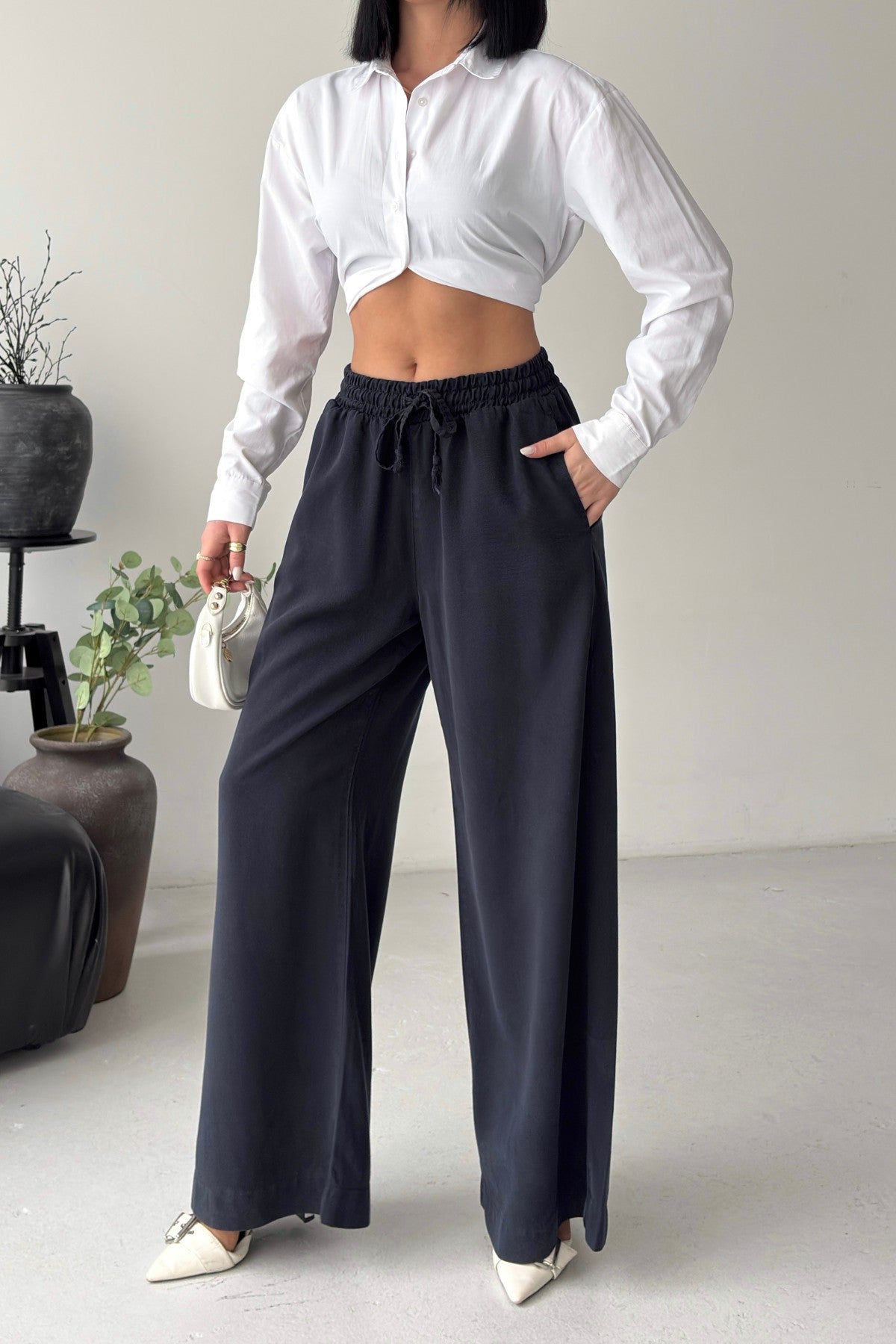Pantaloni Palazzo cu Talie Elastică 7150