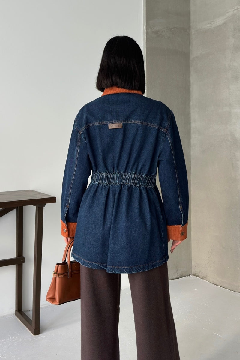 Jachetă Denim cu Fermoar și Detalii din Catifea 6129