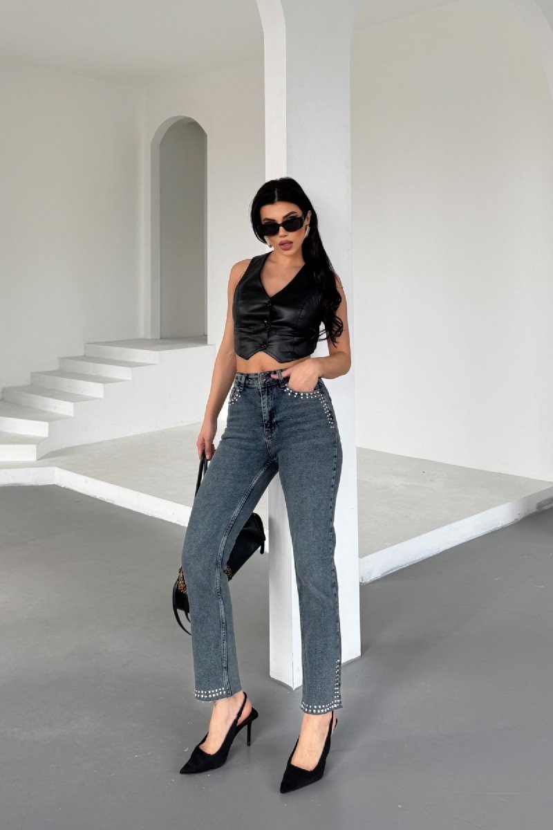 Pantalon Denim Mom Fit cu Pietre 7023
