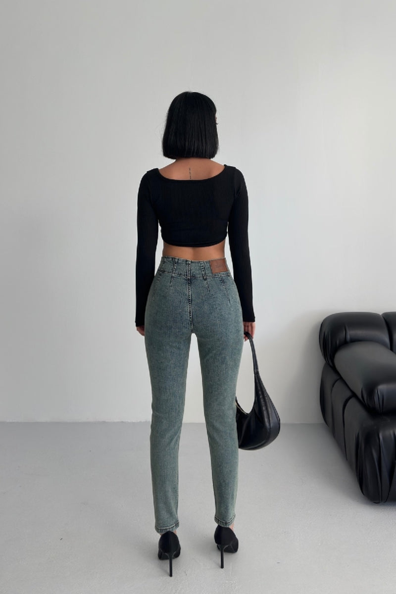 Pantalon Denim Skinny cu Pliseu 7053