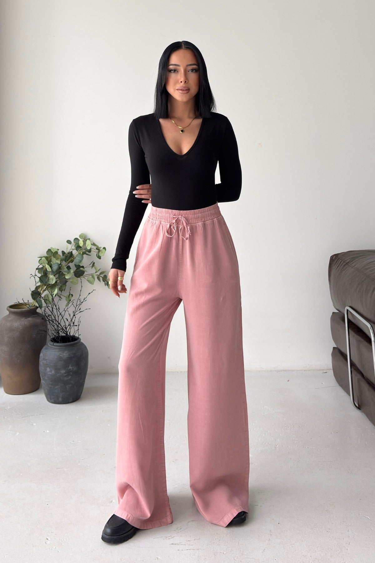Pantaloni Palazzo cu Talie Elastica HS708