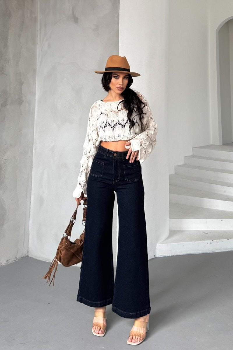 Pantalon Denim Detaliu cu Buzunar Fata 7079