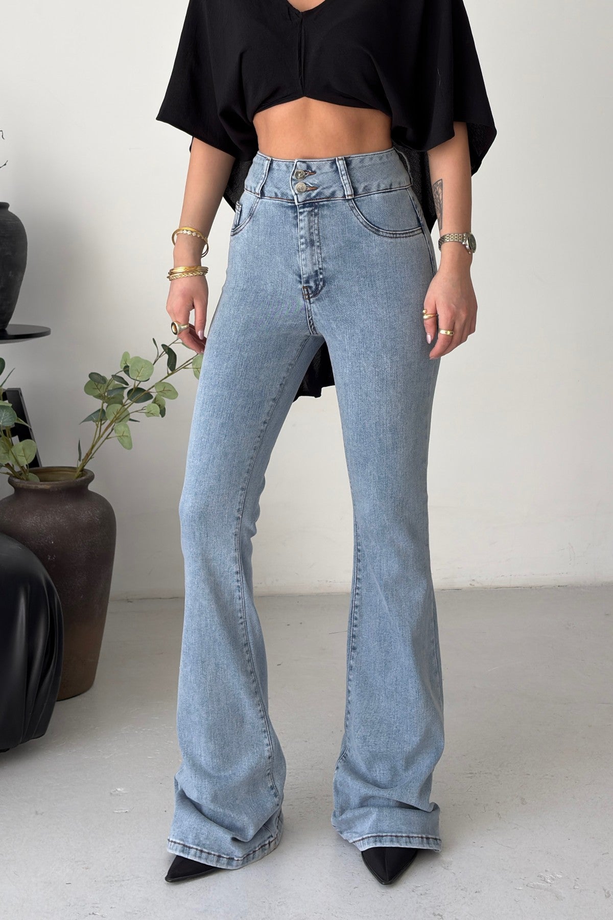 Pantaloni Denim cu Curea Lată și Pense 7151