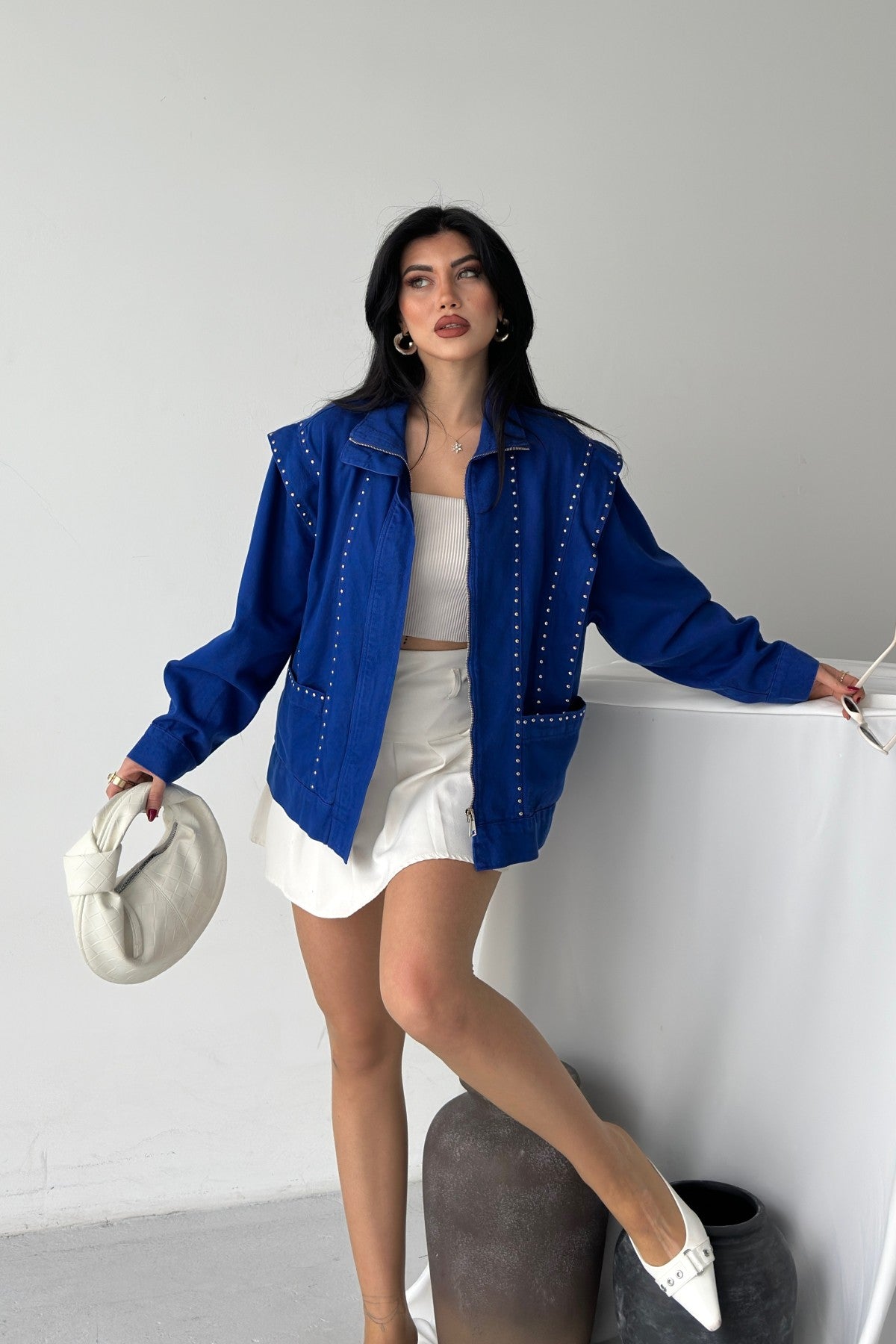 Jachetă Denim Detaliu cu Fermoar 6253