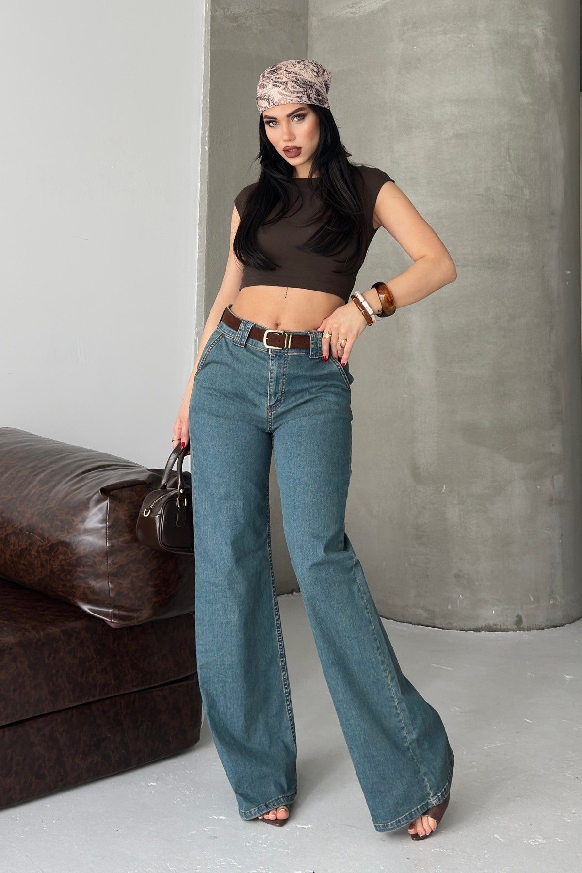 Pantalon Denim Palazzo cu Pliseu 7093