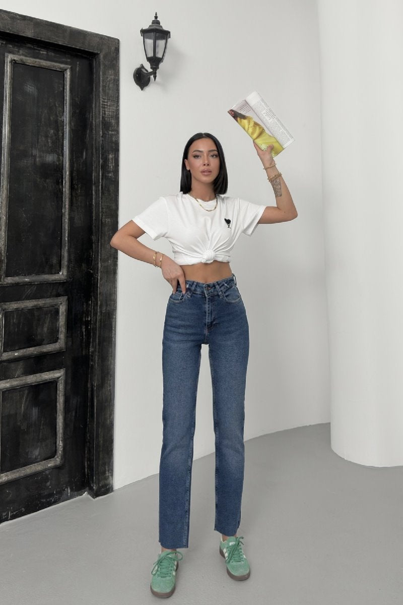 Pantaloni Denim Mom Fit cu Crac fara Cusaturi 764