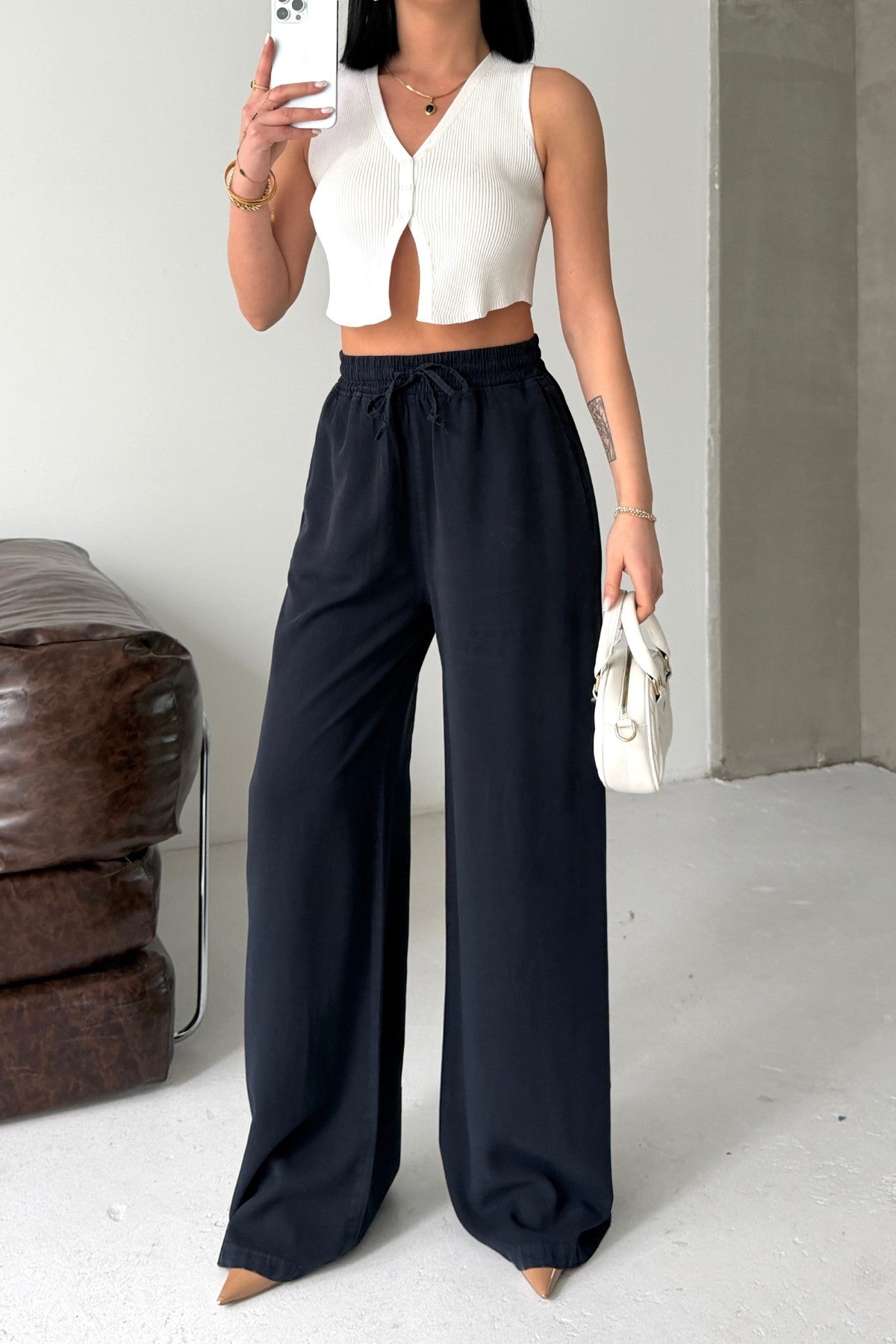 Pantaloni Palazzo cu Talie Elastica HS708